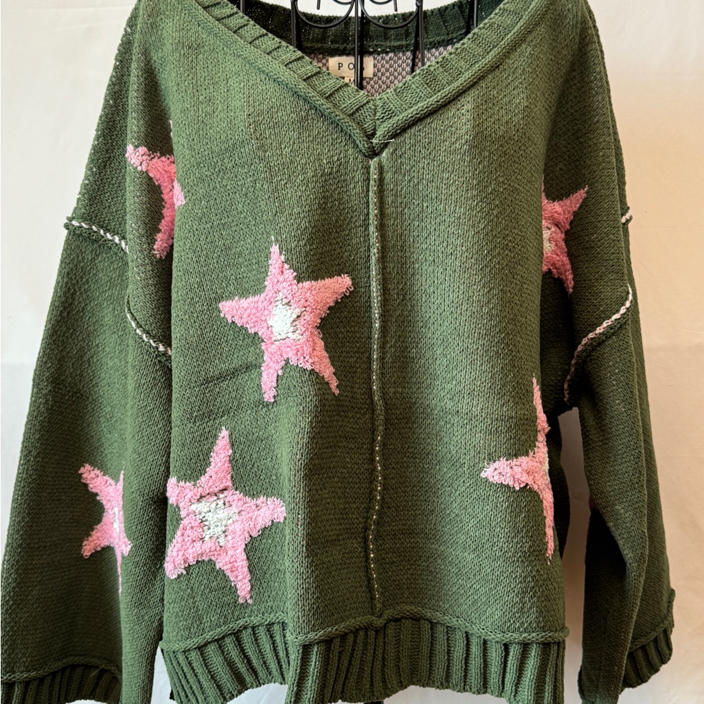 029 - Pol Green V-Neck Sweater With Pink Star Accents - New